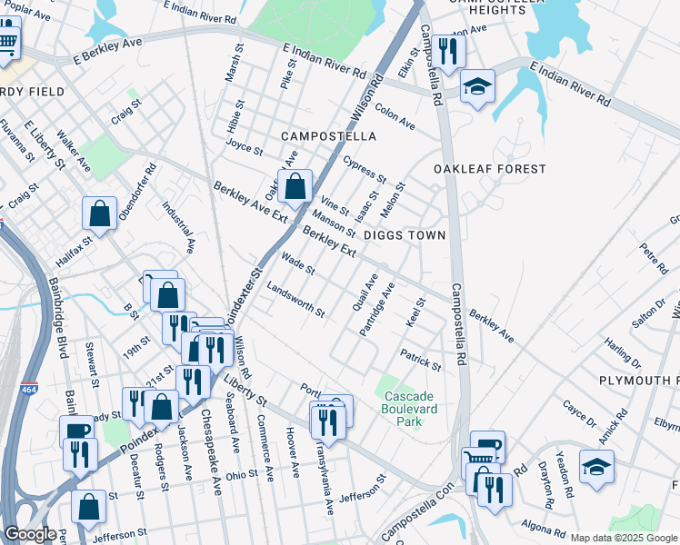 map of restaurants, bars, coffee shops, grocery stores, and more near 619 Edinburg Avenue in Chesapeake