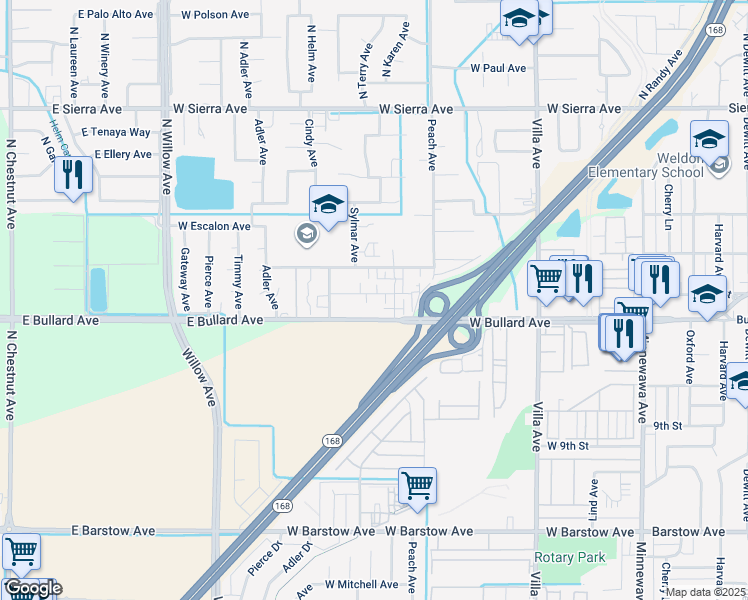map of restaurants, bars, coffee shops, grocery stores, and more near 526 West Mesa Avenue in Clovis