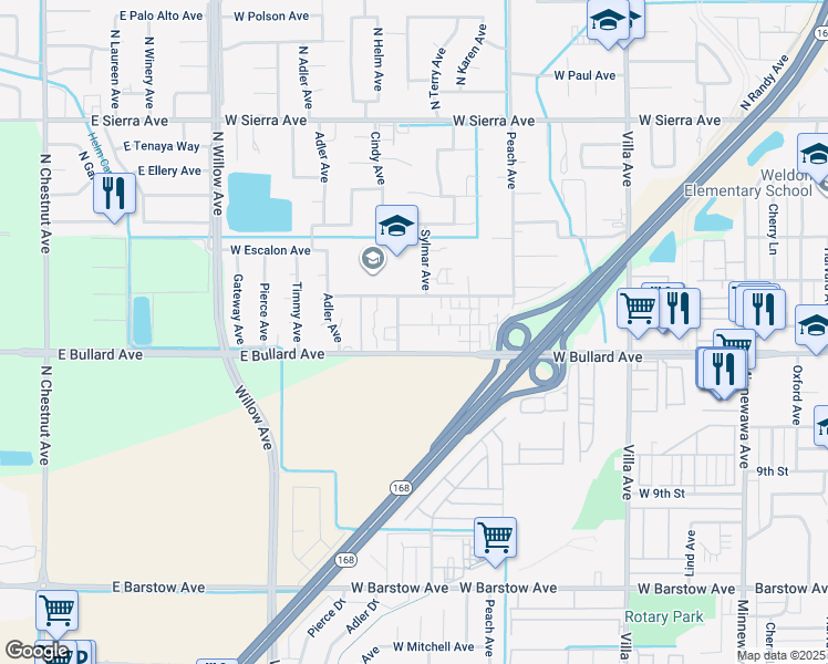 map of restaurants, bars, coffee shops, grocery stores, and more near 524 Helm Avenue in Clovis