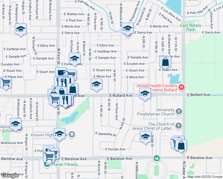 map of restaurants, bars, coffee shops, grocery stores, and more near 6019 North 6th Street in Fresno