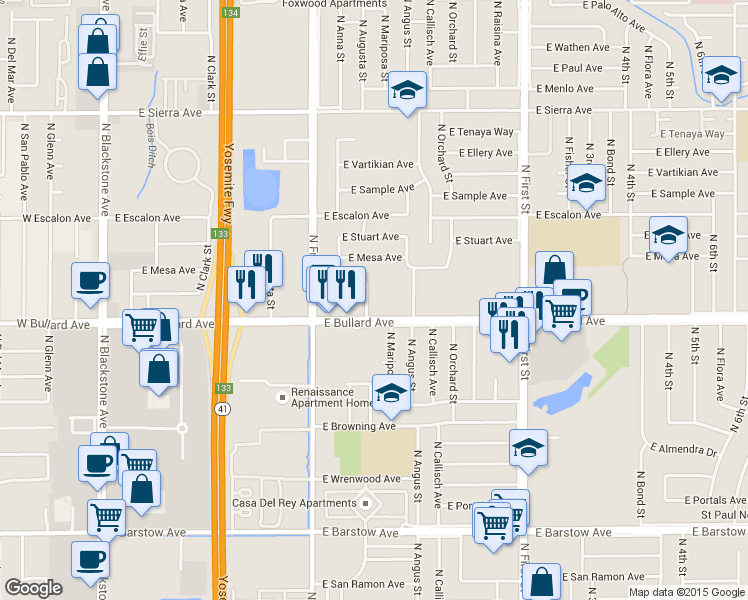map of restaurants, bars, coffee shops, grocery stores, and more near 550 East Bullard Avenue in Fresno
