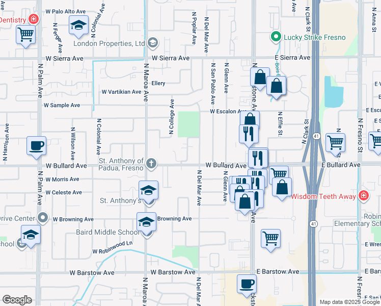 map of restaurants, bars, coffee shops, grocery stores, and more near 6039 North Poplar Avenue in Fresno