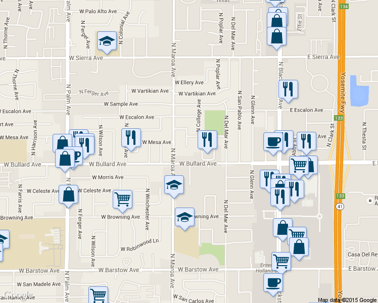 map of restaurants, bars, coffee shops, grocery stores, and more near 336 West Bullard Avenue in Fresno