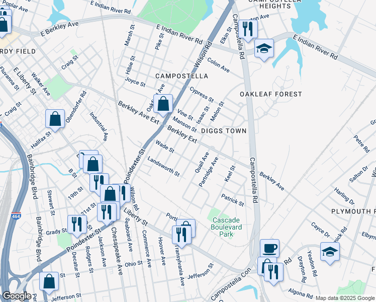 map of restaurants, bars, coffee shops, grocery stores, and more near 619 Edinburg Avenue in Chesapeake
