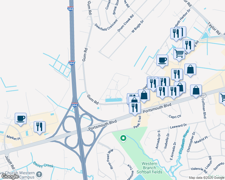map of restaurants, bars, coffee shops, grocery stores, and more near 4308 Hillingdon Bend in Chesapeake