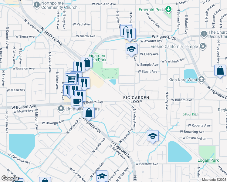 map of restaurants, bars, coffee shops, grocery stores, and more near 6001-6199 N Jeanne Ave in Fresno