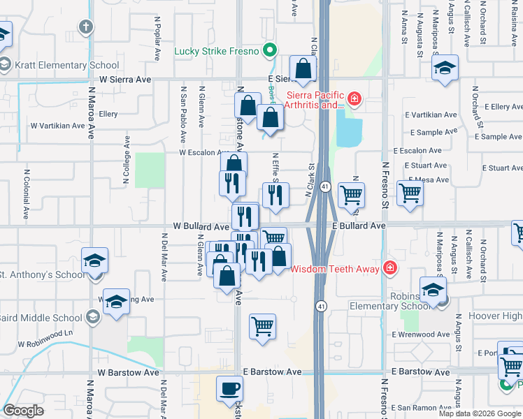 map of restaurants, bars, coffee shops, grocery stores, and more near 76 East Bullard Avenue in Fresno