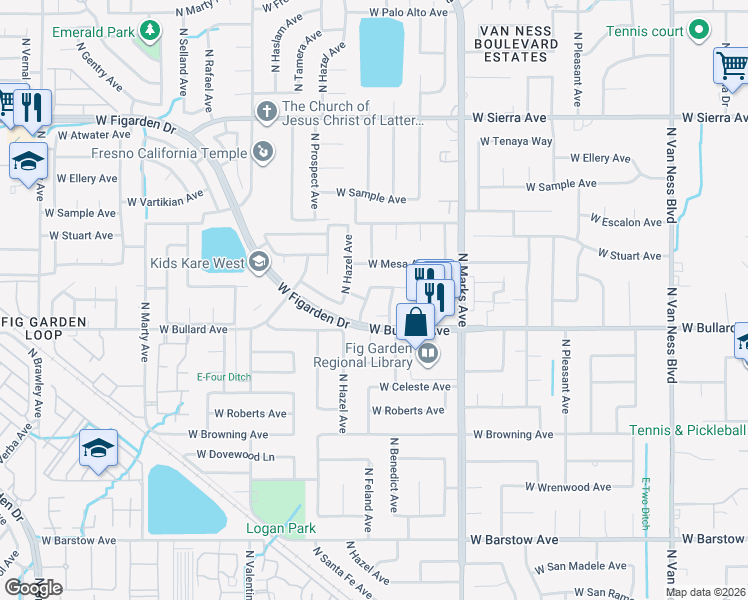 map of restaurants, bars, coffee shops, grocery stores, and more near 6046 North Feland Avenue in Fresno