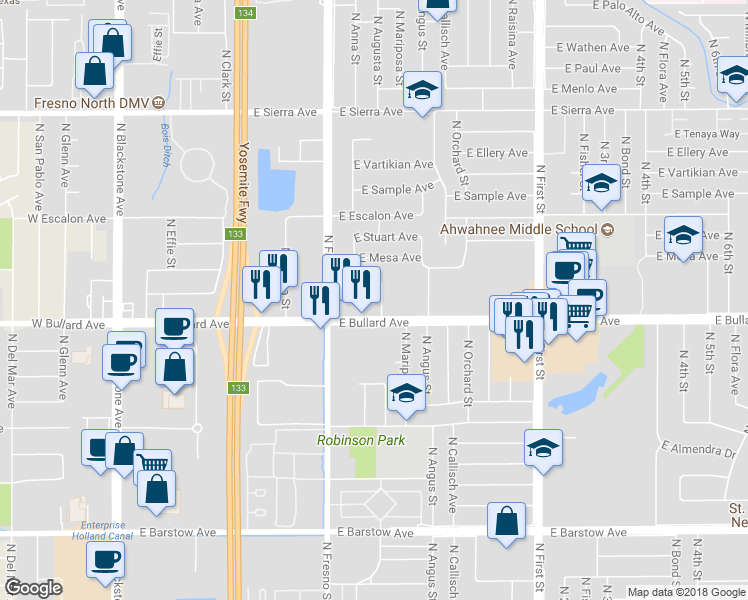 map of restaurants, bars, coffee shops, grocery stores, and more near 6039 North Augusta Street in Fresno