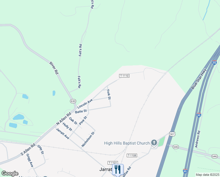 map of restaurants, bars, coffee shops, grocery stores, and more near 414 York Street in Jarratt