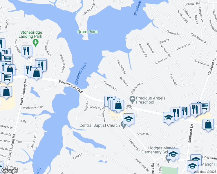 map of restaurants, bars, coffee shops, grocery stores, and more near 325 Saunders Drive in Portsmouth
