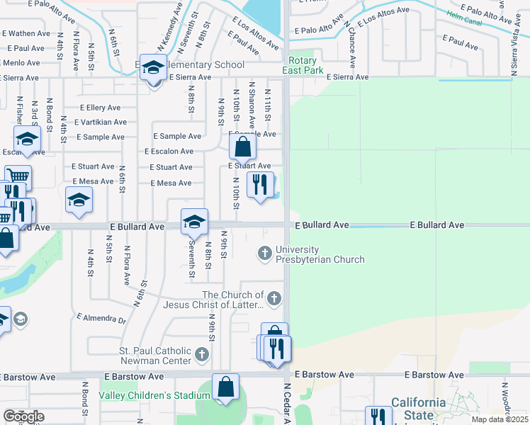 map of restaurants, bars, coffee shops, grocery stores, and more near 1752 East Bullard Avenue in Fresno
