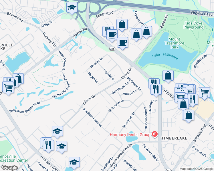 map of restaurants, bars, coffee shops, grocery stores, and more near 533 Edwin Drive in Virginia Beach