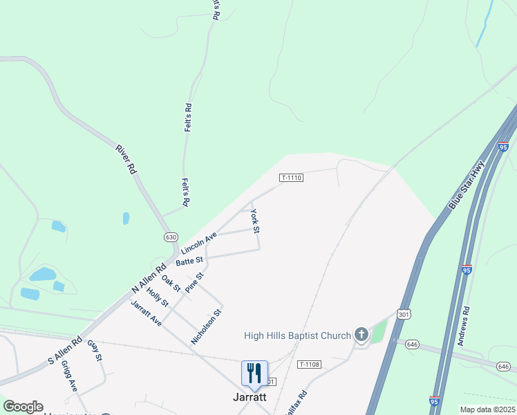 map of restaurants, bars, coffee shops, grocery stores, and more near 414 York Street in Jarratt