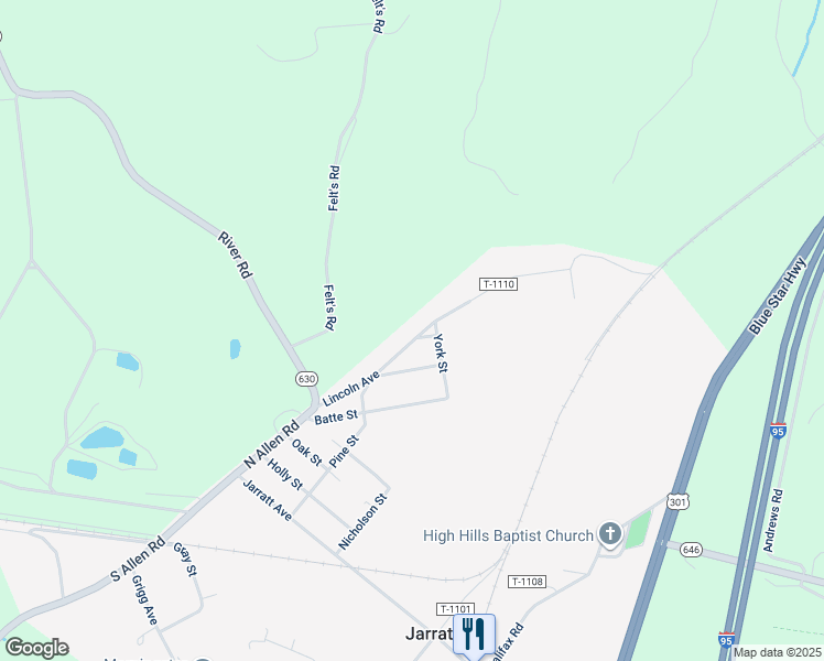 map of restaurants, bars, coffee shops, grocery stores, and more near 318 Lincoln Avenue in Jarratt