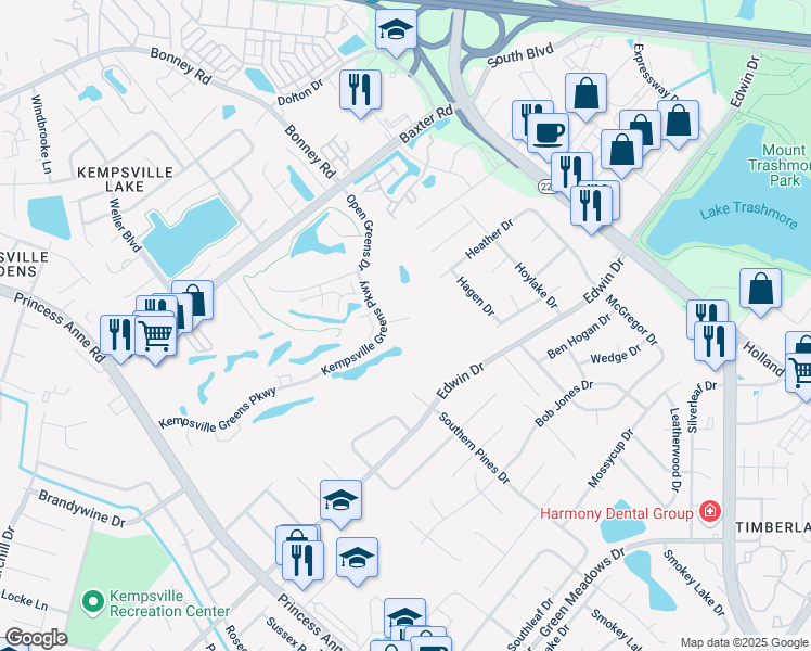 map of restaurants, bars, coffee shops, grocery stores, and more near 515 Kempsville Greens Court in Virginia Beach