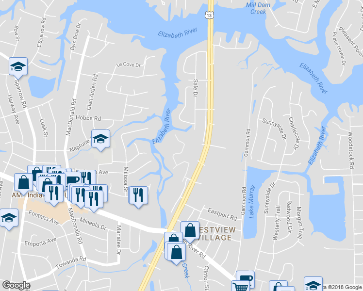 map of restaurants, bars, coffee shops, grocery stores, and more near 877 Whistling Swan Drive in Virginia Beach