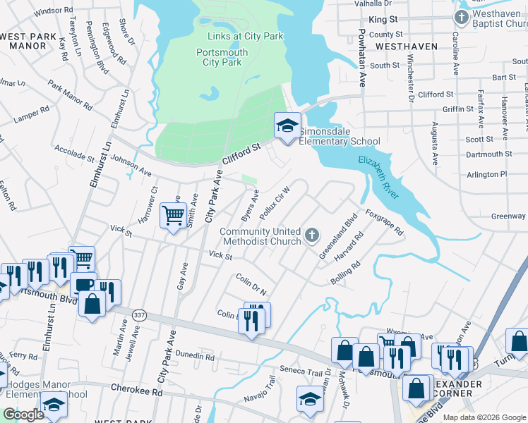 map of restaurants, bars, coffee shops, grocery stores, and more near 27 Pollux Circle West in Portsmouth