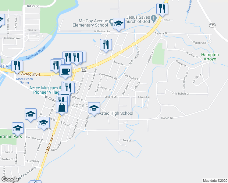 map of restaurants, bars, coffee shops, grocery stores, and more near 314 North Rio Grande Avenue in Aztec