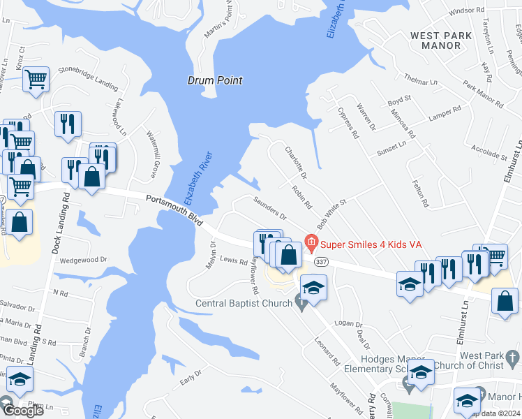 map of restaurants, bars, coffee shops, grocery stores, and more near 826 Melvin Drive in Portsmouth