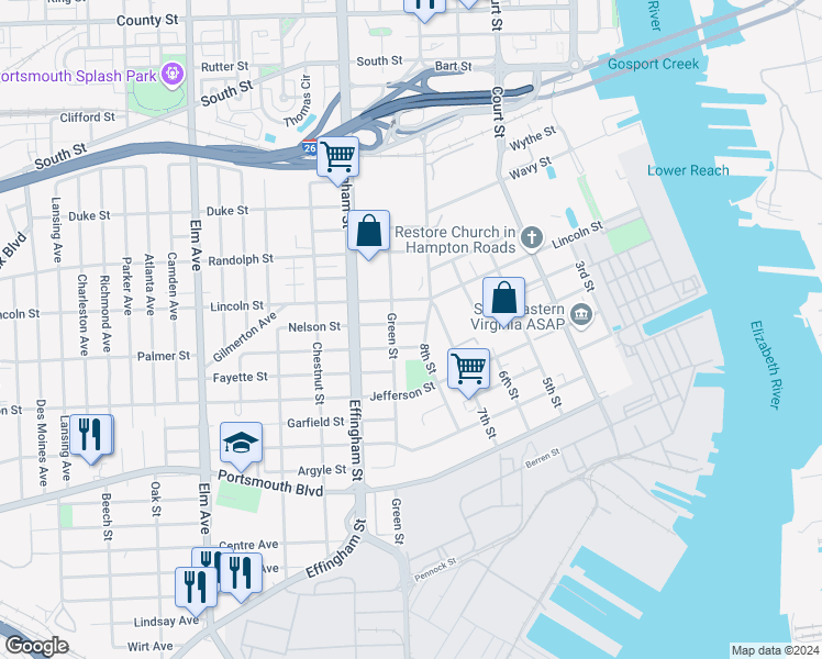 map of restaurants, bars, coffee shops, grocery stores, and more near 675 Nelson Street in Portsmouth