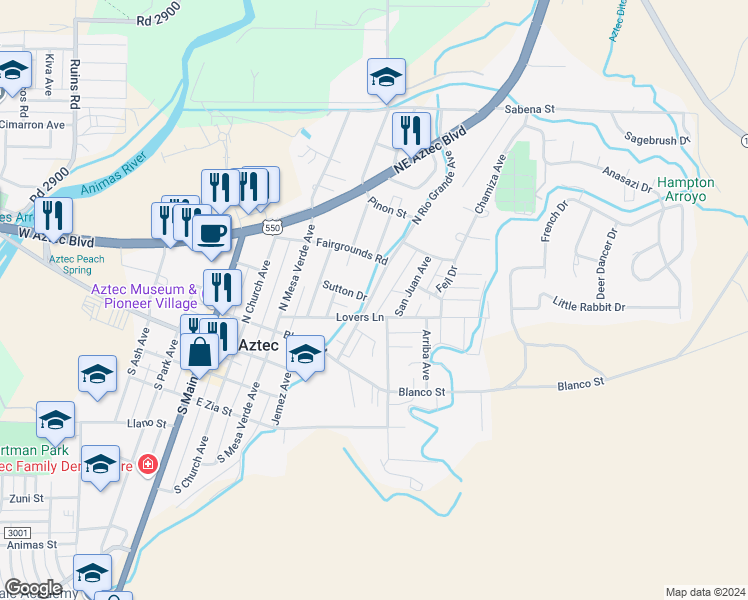 map of restaurants, bars, coffee shops, grocery stores, and more near 310 North Rio Grande Avenue in Aztec