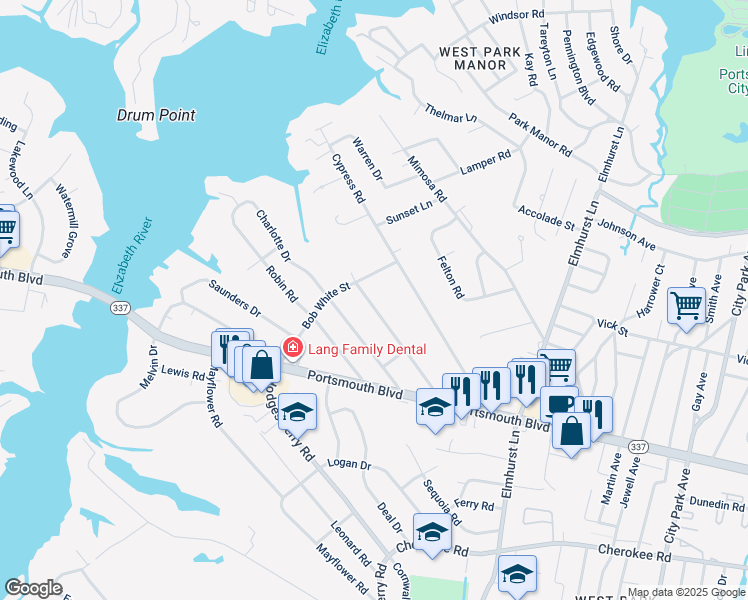 map of restaurants, bars, coffee shops, grocery stores, and more near 219 Jacquelyn Drive in Portsmouth