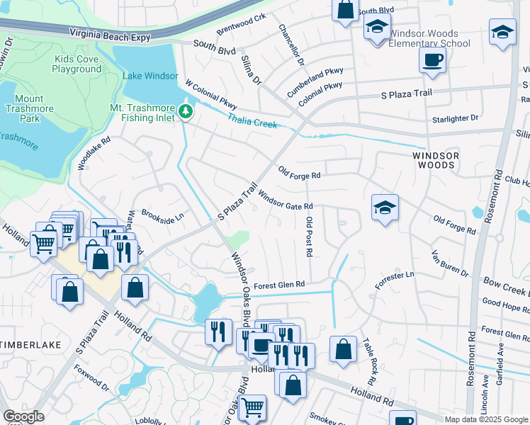 map of restaurants, bars, coffee shops, grocery stores, and more near 3865 Old Colony Circle in Virginia Beach