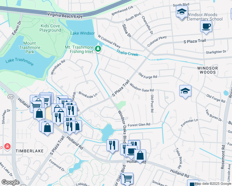 map of restaurants, bars, coffee shops, grocery stores, and more near South Plaza Trail in Virginia Beach