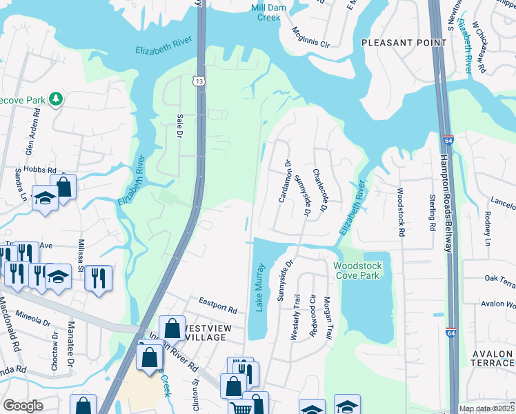 map of restaurants, bars, coffee shops, grocery stores, and more near 589 Hunts Pointe Drive in Virginia Beach