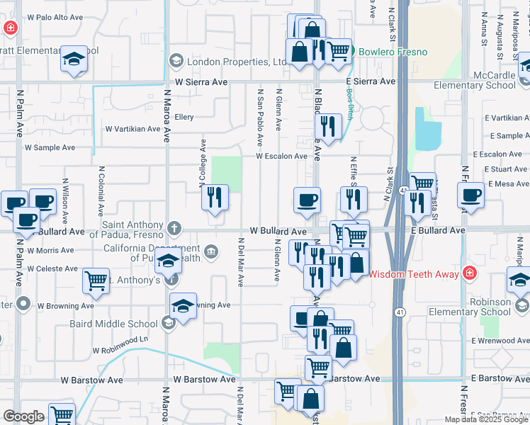 map of restaurants, bars, coffee shops, grocery stores, and more near 6035 North Glenn Avenue in Fresno