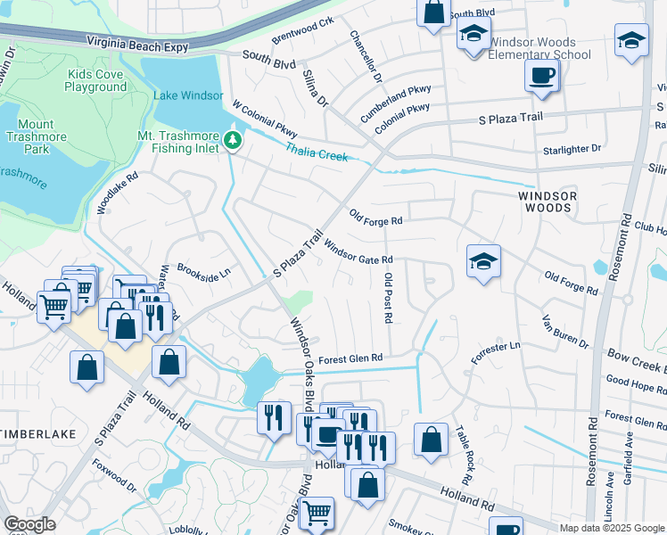 map of restaurants, bars, coffee shops, grocery stores, and more near 3865 Old Colony Circle in Virginia Beach