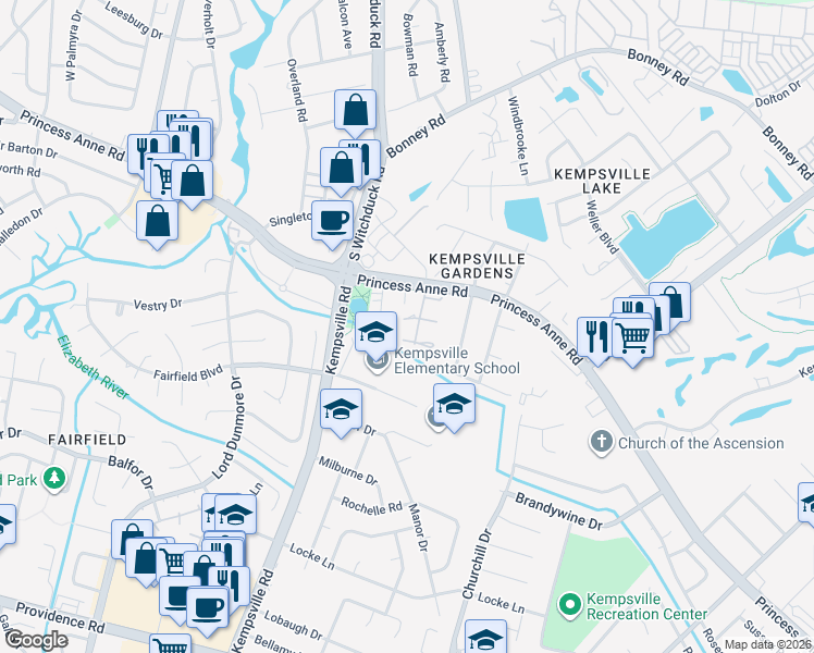 map of restaurants, bars, coffee shops, grocery stores, and more near 5034 Ashforth Court in Virginia Beach