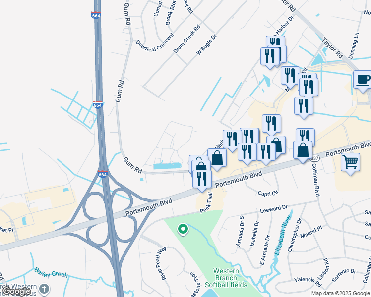 map of restaurants, bars, coffee shops, grocery stores, and more near 4359 Farringdon Way in Chesapeake