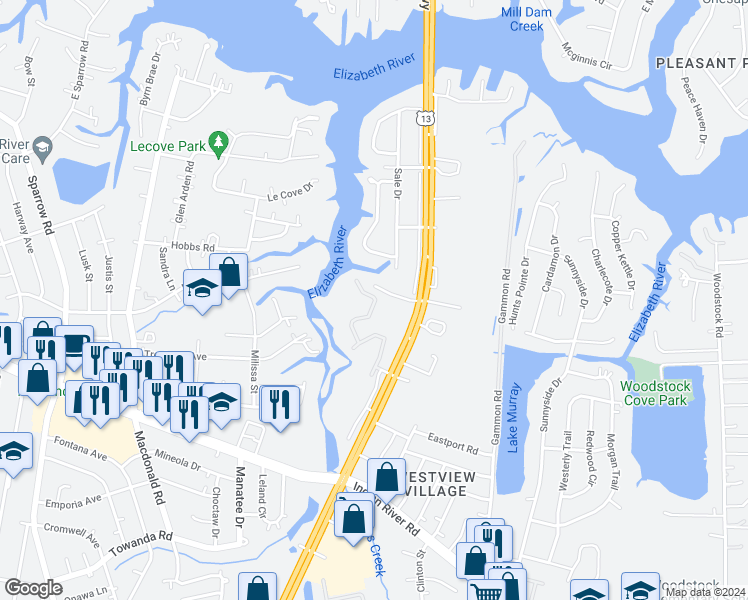 map of restaurants, bars, coffee shops, grocery stores, and more near 829 Whistling Swan Drive in Virginia Beach