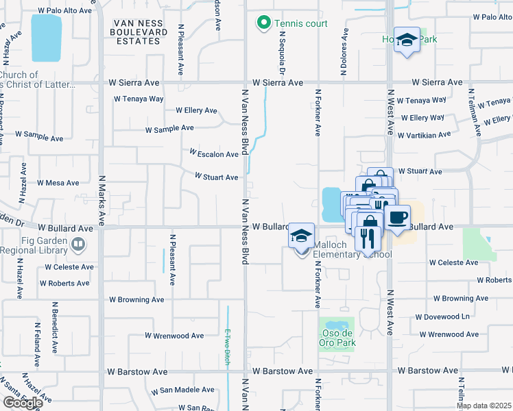 map of restaurants, bars, coffee shops, grocery stores, and more near 6060 North Van Ness Boulevard in Fresno