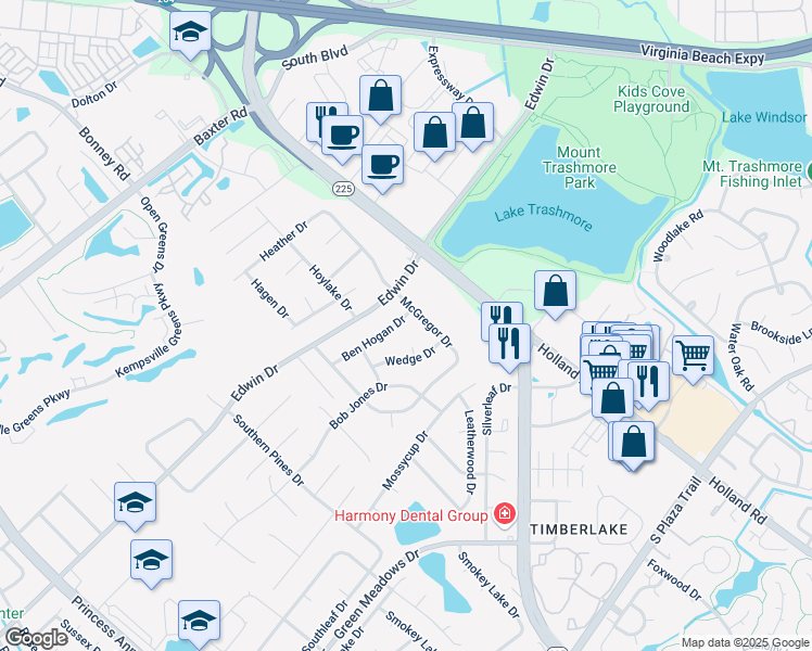 map of restaurants, bars, coffee shops, grocery stores, and more near 504 Ben Hogan Drive in Virginia Beach