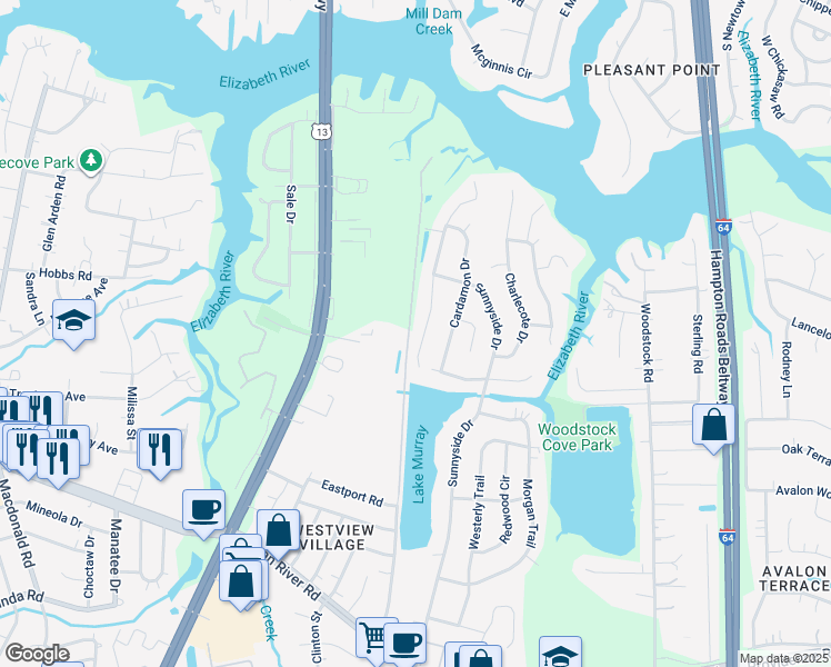 map of restaurants, bars, coffee shops, grocery stores, and more near 589 Hunts Pointe Drive in Virginia Beach