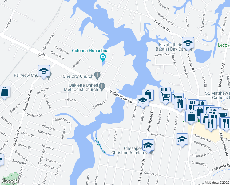 map of restaurants, bars, coffee shops, grocery stores, and more near Indian River Road in Chesapeake