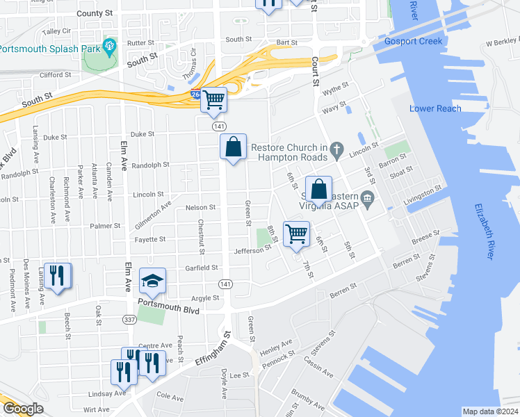 map of restaurants, bars, coffee shops, grocery stores, and more near 675 Nelson Street in Portsmouth