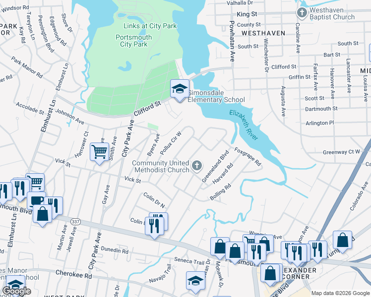 map of restaurants, bars, coffee shops, grocery stores, and more near 36 Pollux Circle East in Portsmouth