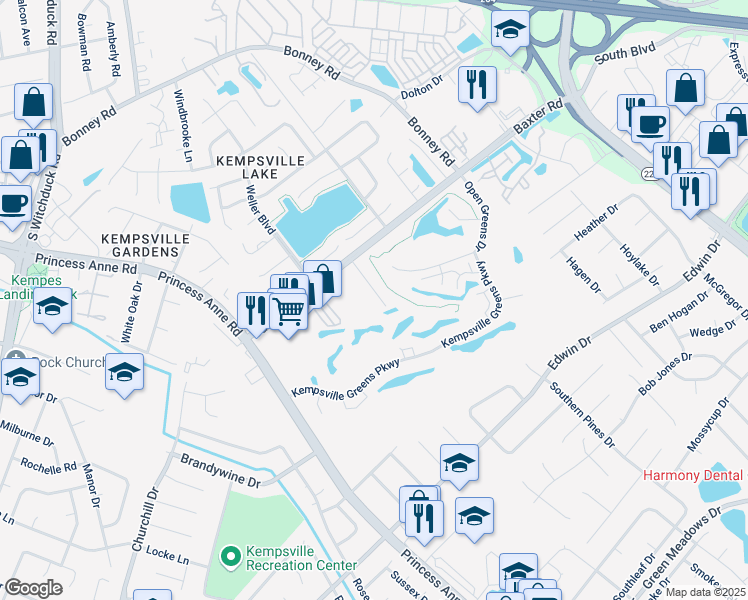 map of restaurants, bars, coffee shops, grocery stores, and more near 547 Mulligan Drive in Virginia Beach