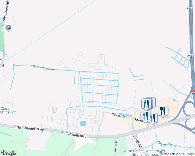 map of restaurants, bars, coffee shops, grocery stores, and more near 2144 Jolliff Road in Chesapeake