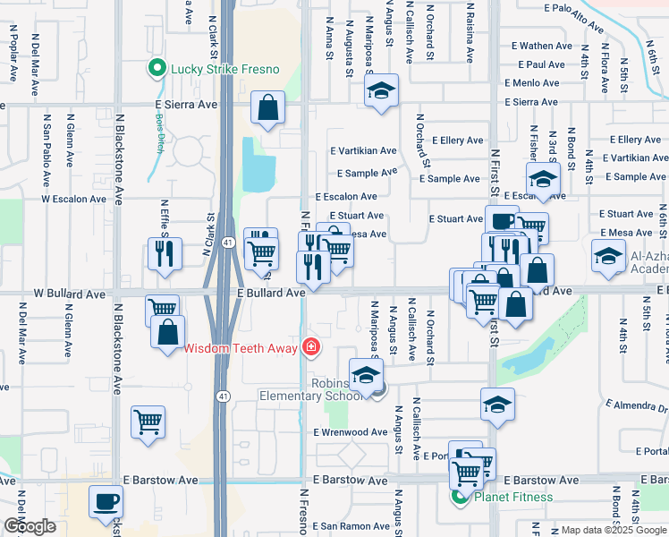 map of restaurants, bars, coffee shops, grocery stores, and more near 464 East Bullard Avenue in Fresno