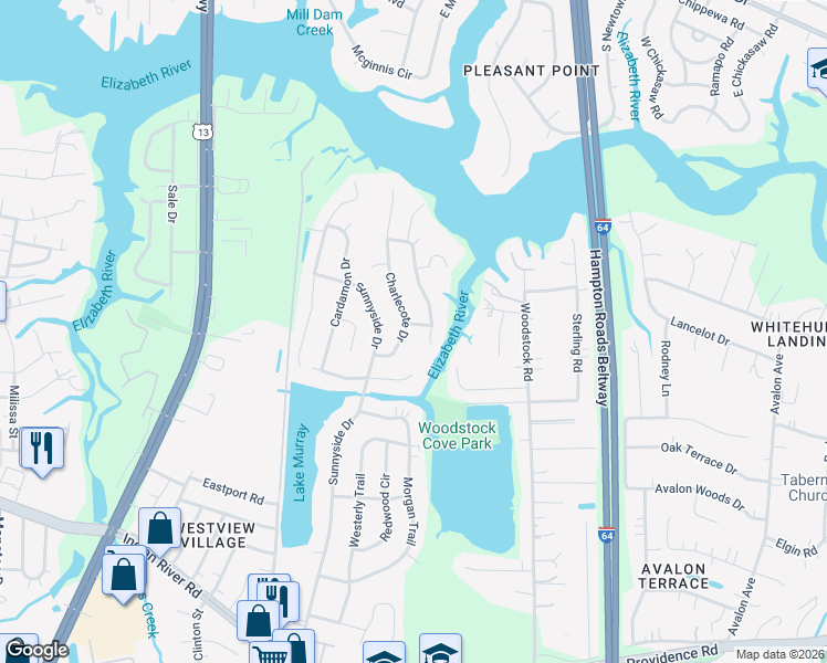 map of restaurants, bars, coffee shops, grocery stores, and more near 676 Charlecote Drive in Virginia Beach
