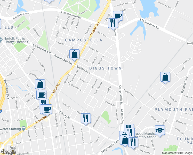 map of restaurants, bars, coffee shops, grocery stores, and more near 600 Quail Avenue in Chesapeake