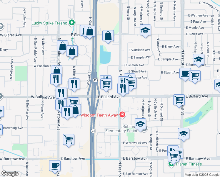 map of restaurants, bars, coffee shops, grocery stores, and more near 110 North Thesta Street in Fresno