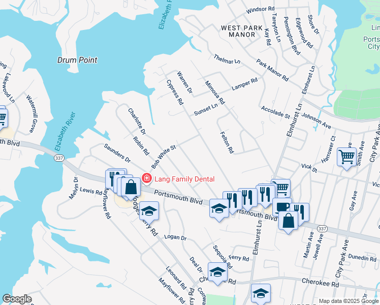 map of restaurants, bars, coffee shops, grocery stores, and more near 219 Jacquelyn Drive in Portsmouth
