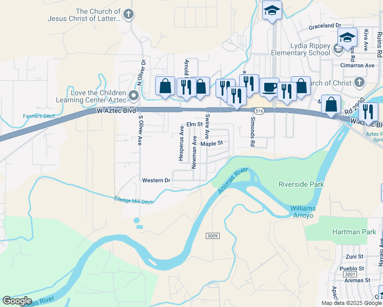 map of restaurants, bars, coffee shops, grocery stores, and more near 310 Robinson Avenue in Aztec