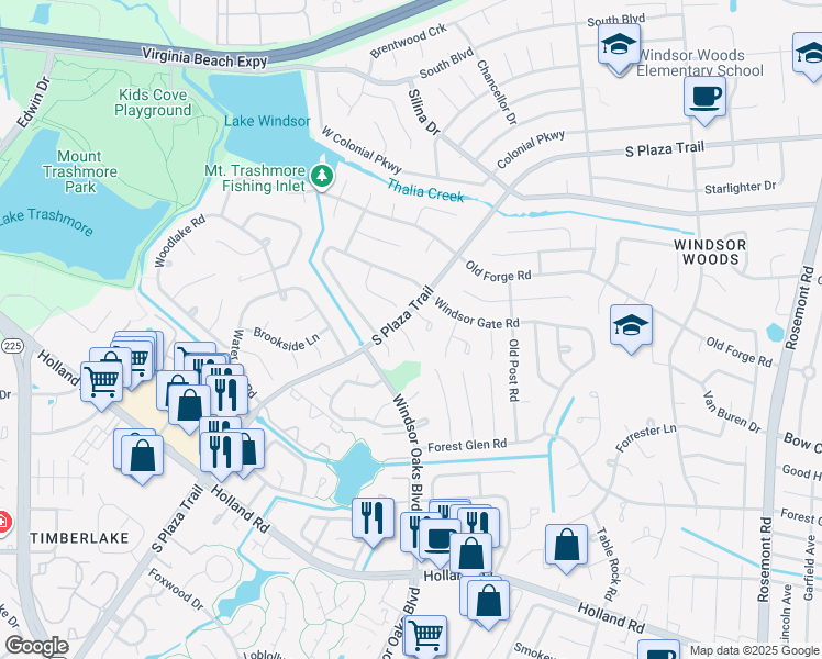 map of restaurants, bars, coffee shops, grocery stores, and more near 3908 Wood Gate Lane in Virginia Beach